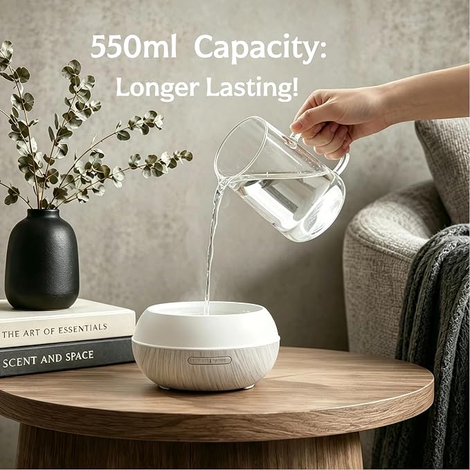 550ml Essential Oil Diffusers with Remote Control, Ultrasonic Oil Diffuser with Timer，7 Color LED Night Light and Waterless Auto-Off Functions for Home, Spa White Wood Grain