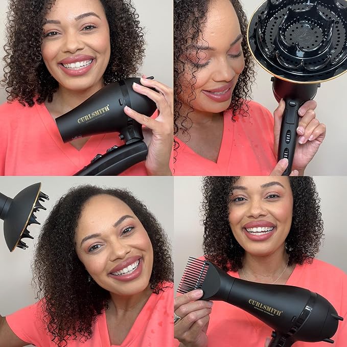 Curlsmith Defrizzion Travel Hair Dryer with Large Diffuser - for Curly Hair, Reduce Frizz, 3 Speeds, 3 Heat Settings, Infared, Ceramic Heat for Fast Drying