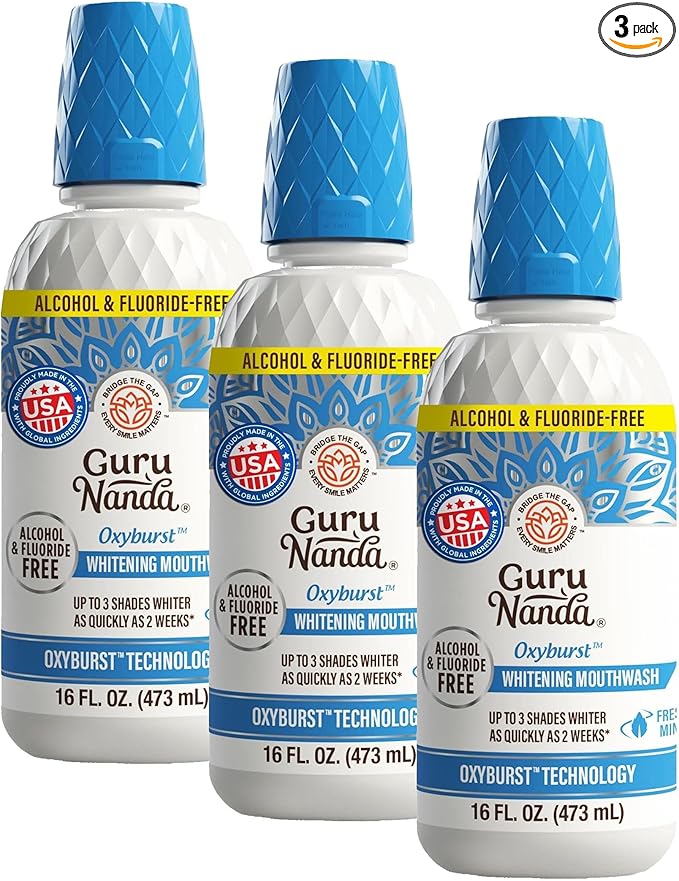 GuruNanda Whitening Mouthwash – Up to 3 Shades Whiter Teeth in 2 Weeks – Alcohol & Fluoride Free with Hydrogen Peroxide – Oxyburst Technology - Wild Mint, 16 oz (Pack of 3)