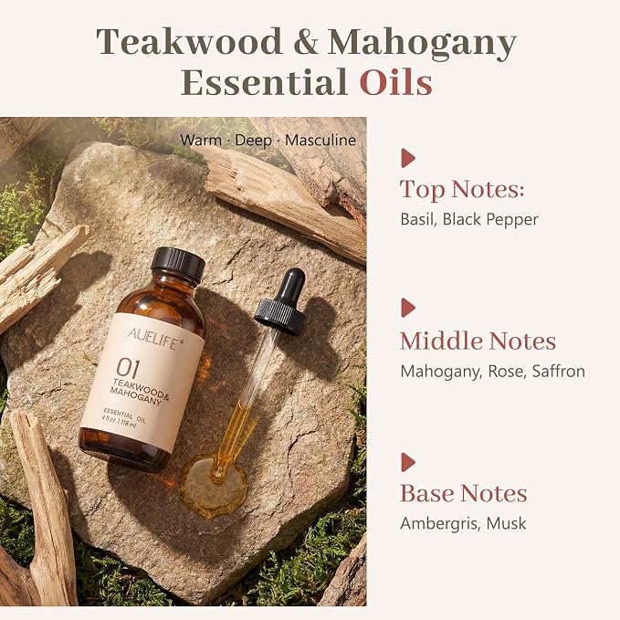 Teakwood & Mahogany Essential Oil, Fragrance Oil for Diffusers & Candle Making, 118ml (4 fl oz) Large Bottle, Long Lasting Wood Scent Oil for Home Fragrance, Soap & DIY