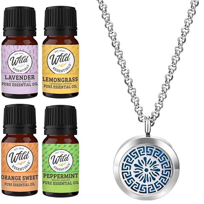 Wild Essentials Greek Key Necklace Essential Oil Diffuser Kit with Lavender, Lemongrass, Peppermint, Orange Oils, 12 Refill Pads, Calming Aromatherapy Gift Set, Customizable Color Changing, Perfume