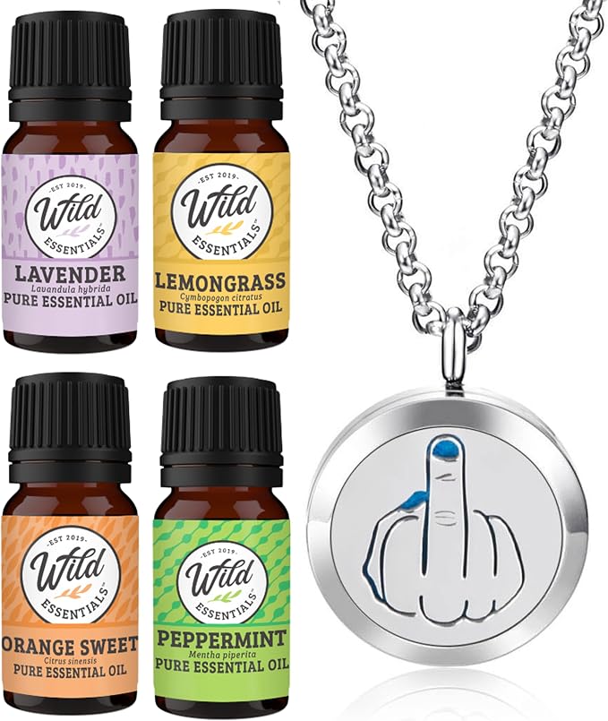 Wild Essentials Middle Finger Necklace Essential Oil Diffuser Kit, Lavender, Lemongrass, Peppermint, Orange Oils, 12 Refill Pads, Calming Aromatherapy Gift Set, Customizable Color Changing, Perfume