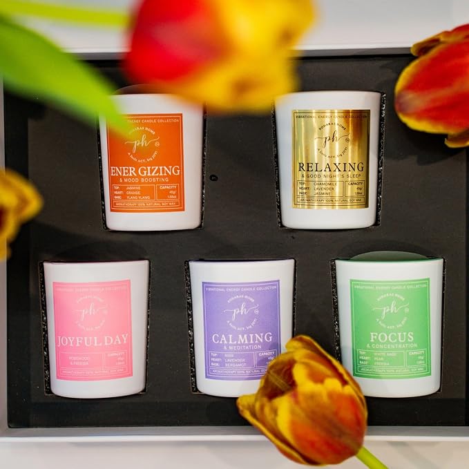 12% Essensential Oil Natural Soy Wax Samplers, A Gift Set of 5 Candles for Vibrational Enery and Positive Mindset, 1 Wick, 5 of 45 g/ 1.59 oz Candle, 13 Hours of Burning time x 5