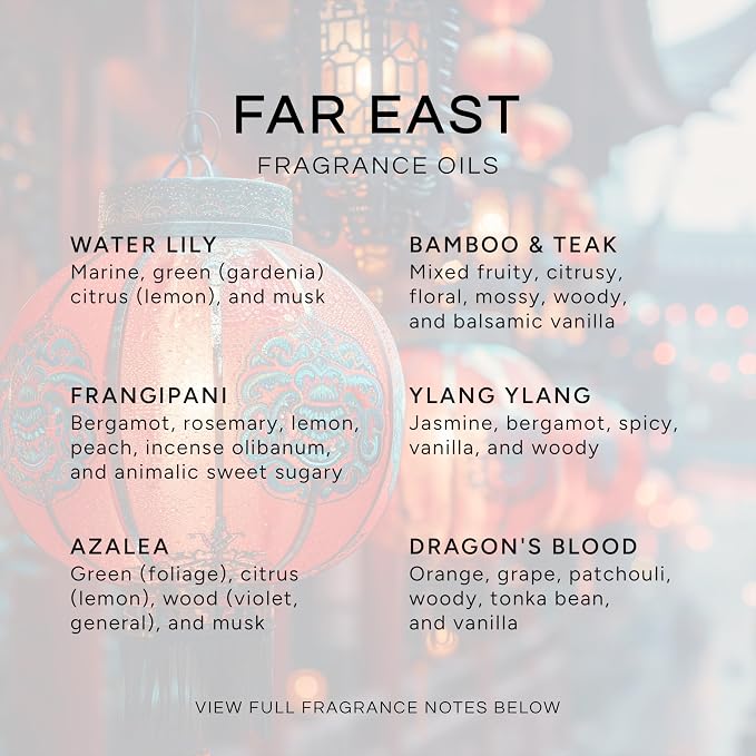 Eternal Essence Oils Far East Set of 6 Premium Fragrance Oils - Includes Water Lily, Bamboo & Teak, Frangipani, Azalea, Ylang Ylang and Dragon's Blood Scented Oils - 10ML