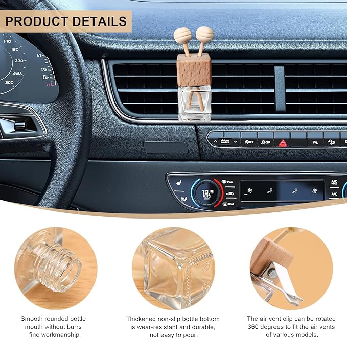 KVAEY 2PCS Car Diffuser Air Freshener Bottle, Refillable Empty Glass Perfume Bottles with Vent Clip, Universal Essential Oil Diffuser for Most Vehicles, Interior Car Accessories (4PCS)