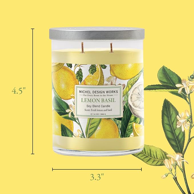 Michel Design Works Lemon Basil Scented Candle, 14 oz Soy Blend Dual Wick Glass Jar Candle with Lid, 75 Hour Burn Time, Citrus Herbal Home Fragrance Gift