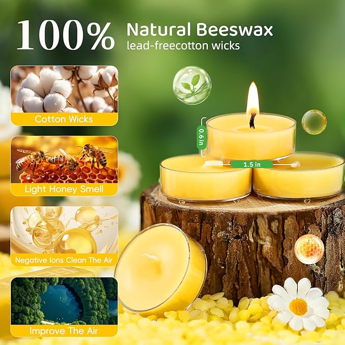 50 Pack Bulk Beeswax Tea Light Candles-2 Hour Short Burn Time for Daily Meditation & Yoga-Natural Beeswax Votive Candles for Oil Burners,Evening Dinner,Ritual & Emergency, Clean Burning & Non-Toxic