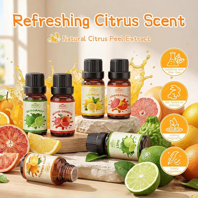 Citrus Essential Oils Set, Fruit Fragrance Oil for Diffusers,Scented Oil for Candle & Soap Making, Bitter Orange, Bergamot, Lemon, Grapefruit, Lime, Blood Orange, Aromatherapy Gifts