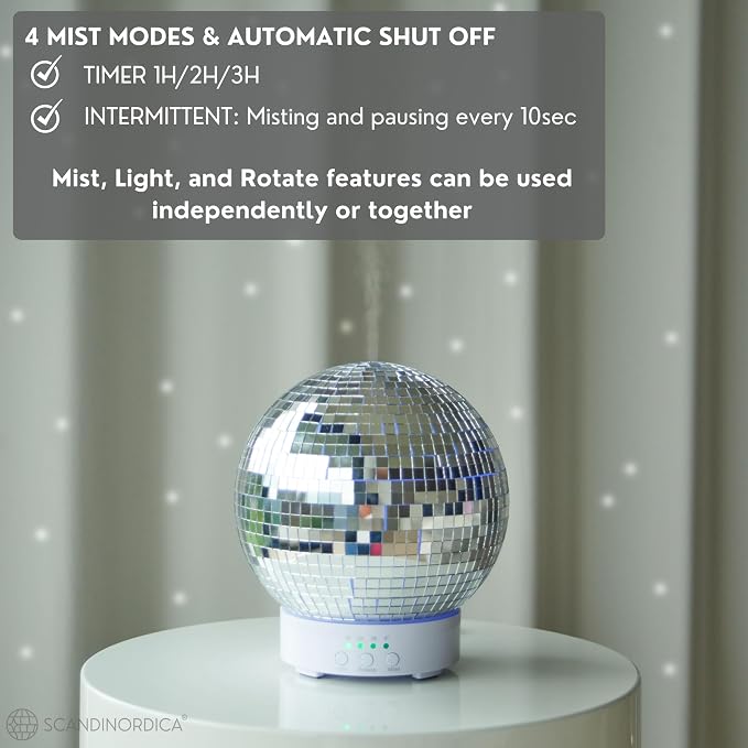 SCANDINORDICA Disco Ball Diffuser Rotating - 300ML Essential Oil Diffuser with Whisper Quiet Operation, 7 Color Night Light & 4 Time Settings | Aromatherapy Diffuser for Large Room Silver