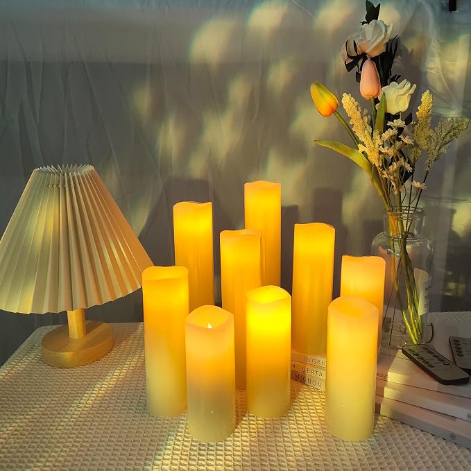 OSHINE Flameless Battery Operated Candle, LED - Set of 9 Flickering Pillar with 10-Key Remote & 24 Hours Timer, Ivory Real Wax Candles for Home Decor