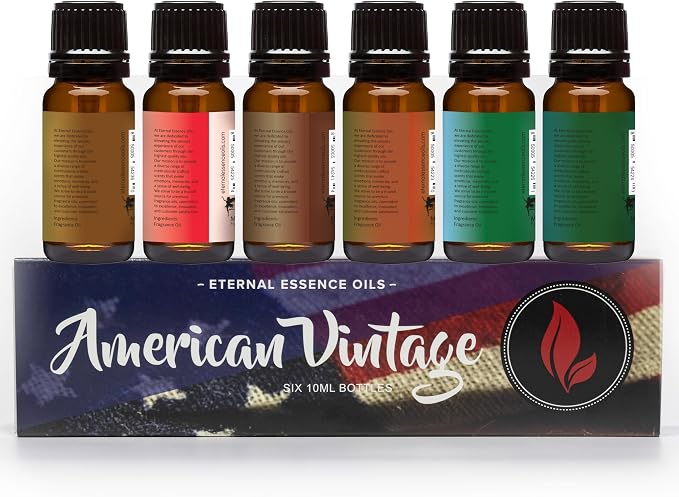 Eternal Essence Oils American Vintage Set of 6 Premium Fragrance Oils - Sandalwood Vanilla, Frankincense & Rain, Cardamom Cedar Blossom, Aspen Grass, Warm Rustic Woods, and Barbershop 1920-10ML