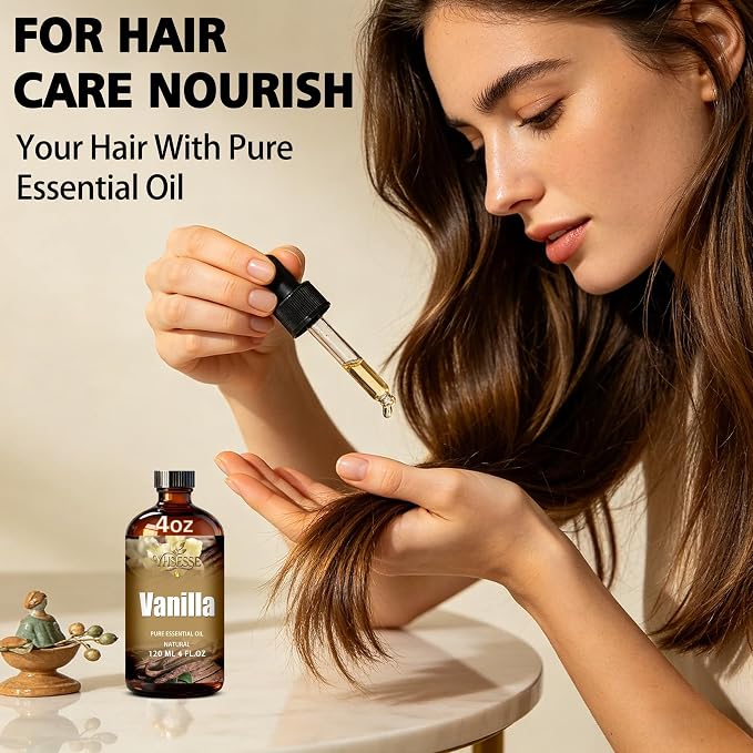 Vanilla Essential Oil, Vanilla Oil 4 Fl Oz 120ml for Diffuser Yoga Soap & Candle Making – with 0.33 Oz Roller Ball & Dropper YHSESSE Essential Oils