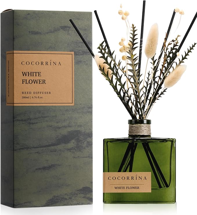 COCORRÍNA Reed Diffuser, 6.76 oz White Flower Scent Reed Diffuser with 6 Sticks & Dried Flowers, Long Lasting Elegant Fragrance Home Décor for Bathroom Bedroom Office
