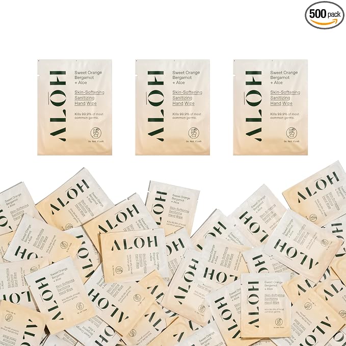 ALŌH Skin - Softening Sanitizing Hand Wipes – Sweet Orange Bergamot - 1 Box of 500ct Individually Wrapped Wipes