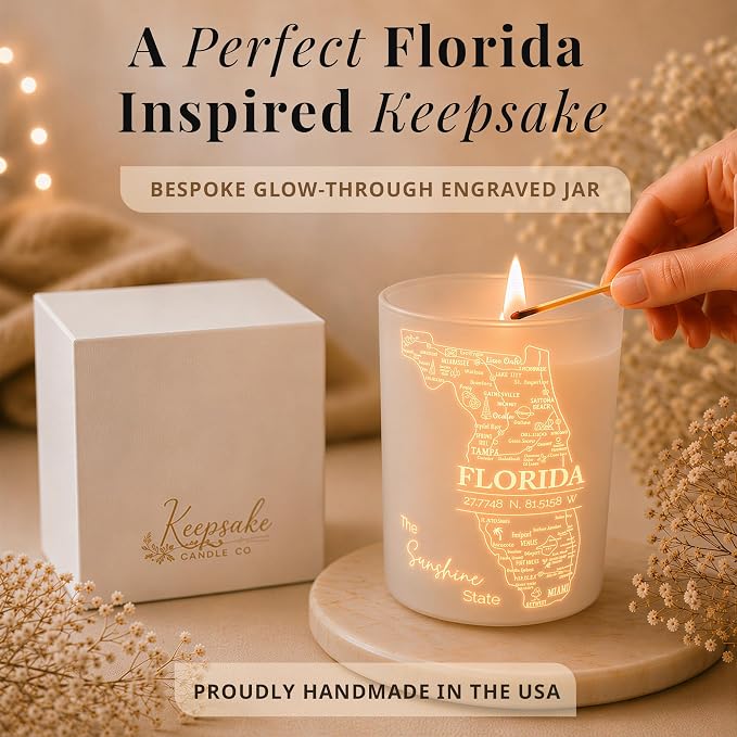 Florida Gifts - Glow-Through Engraved Candle - w/Tropical Fruits & Sugared Citrus Soy Candle I Florida Decor for Home I Florida Souvenirs I Florida State Gifts I 9oz Jar, 50Hr Burn, USA Made