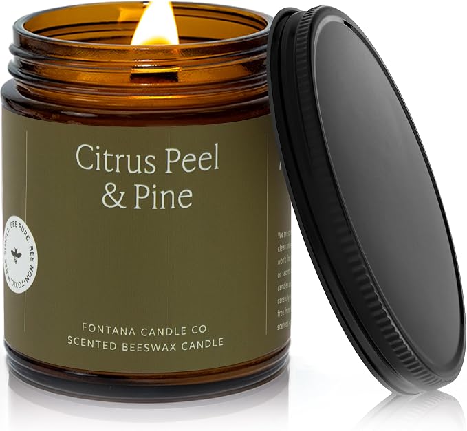 Fontana Candle Co Wood Wick Beeswax Jar Candle, Citrus Peel & Pine – Made Safe with Coconut Oil & Pure Essential Oils – 35+ Hrs Clean Burn, Long Lasting and Non-Toxic Candles for Home & Room Decor