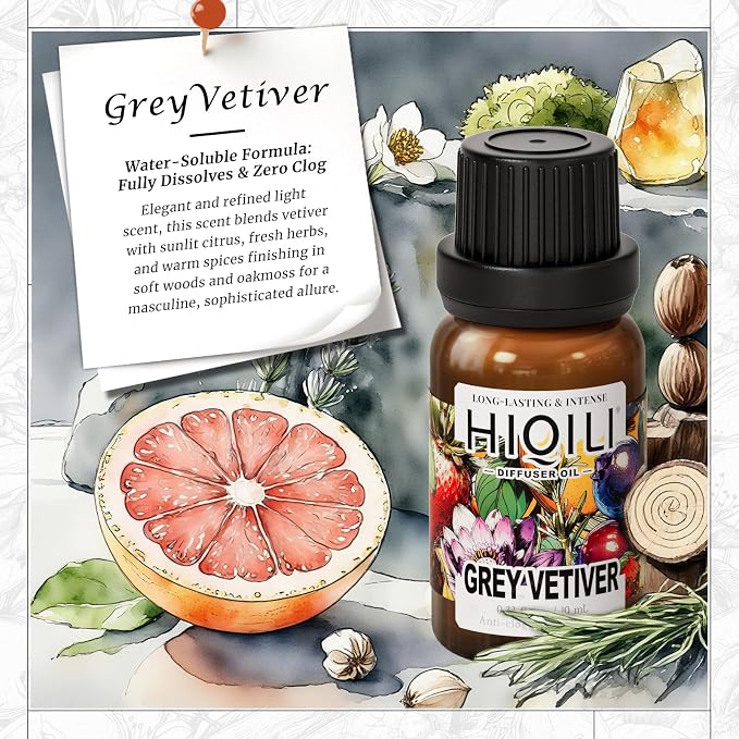 HIQILI Grey Vetiver Diffuser Oil for Humidifiers, Ultrasonic Diffusers, & DIY Sprays, Fast Diffusion for Large Spaces, Pet - Safe, Suitable for Home and Other Scenarios - 0.34 Fl Oz