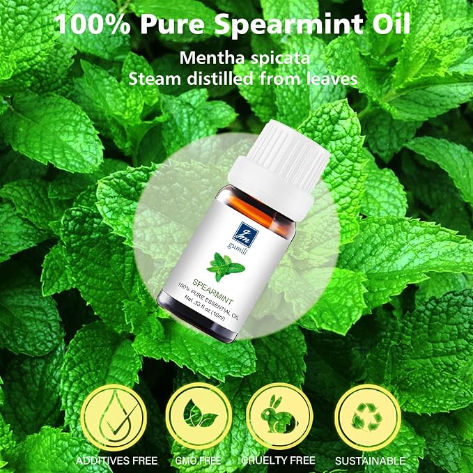 GM Gumili Spearmint Essential Oil, 100% Pure Natural Spearmint Oil for Diffuser, Face, Skin, Hair Care - Refreshing Aroma - 10mL