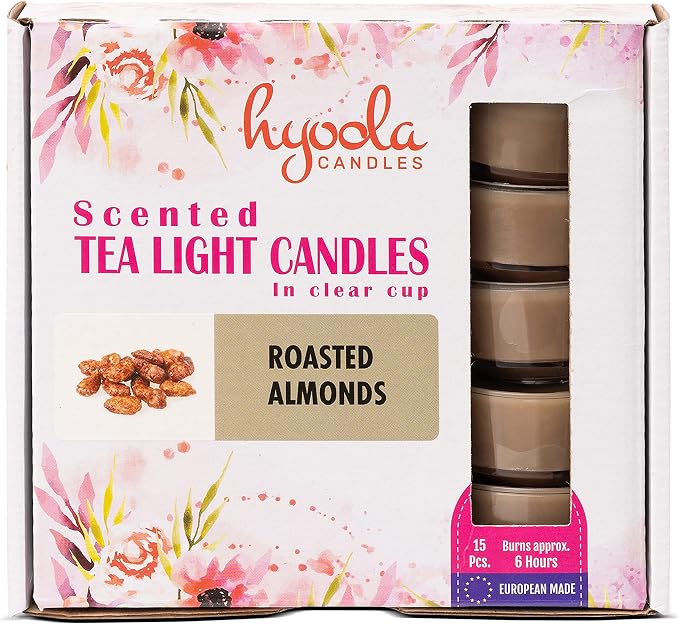 HYOOLA Scented Tealight Candles - Clear Cup - Roasted Almonds Tealight Candles Scented - 6 Hour Burn Time - 15 Pack - European Made