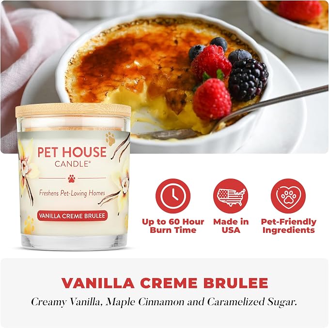 One Fur All Pet House Candle Plant-Based/Soy - Clean Burning Scented, Long Lasting Pet Odor Candle for Home - Vanilla Crème Brulee