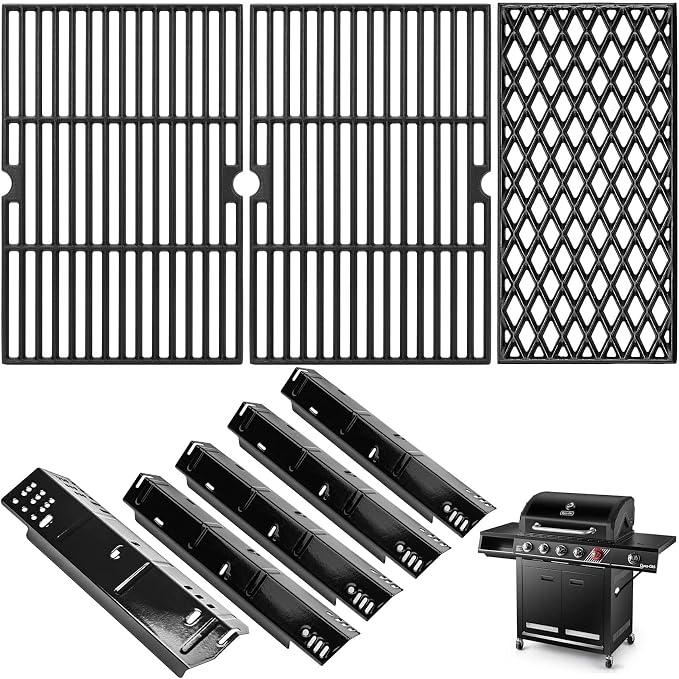 SafBbcue Grill Replacement Parts for Dyna-Glo 5 Burner DGH474CRP, DGH485CRP, DGH483CRP, DGH474CRN Grills, Cast Iron Grill Grates, Porcelain Steel Heat Plates, Grill Parts Kit
