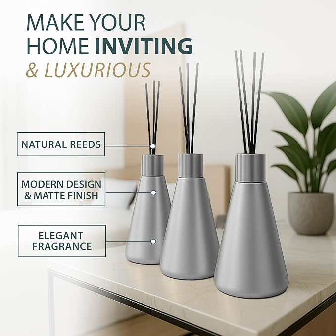 Mega Handles Reed Diffuser Sets (50ml) - 3 Pack White Flower Scent Bathroom Diffuser, Elegant Reed Diffuser for Shelf Decor, Decorative Air Freshener for Large Rooms - Satin Nickel