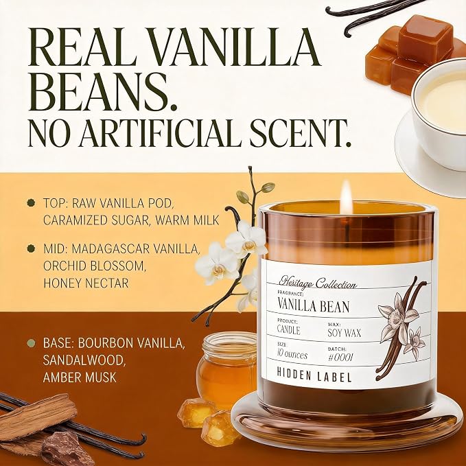 Hidden Label Vanilla Bean Scented Candle - 10oz Non Toxic Candles for Home Scented with Clear Bell Jar, Natural Soy Wax Clean Burning Aromatherapy Candle for Spa/Yoga/Meditation & Stress Relief Gifts