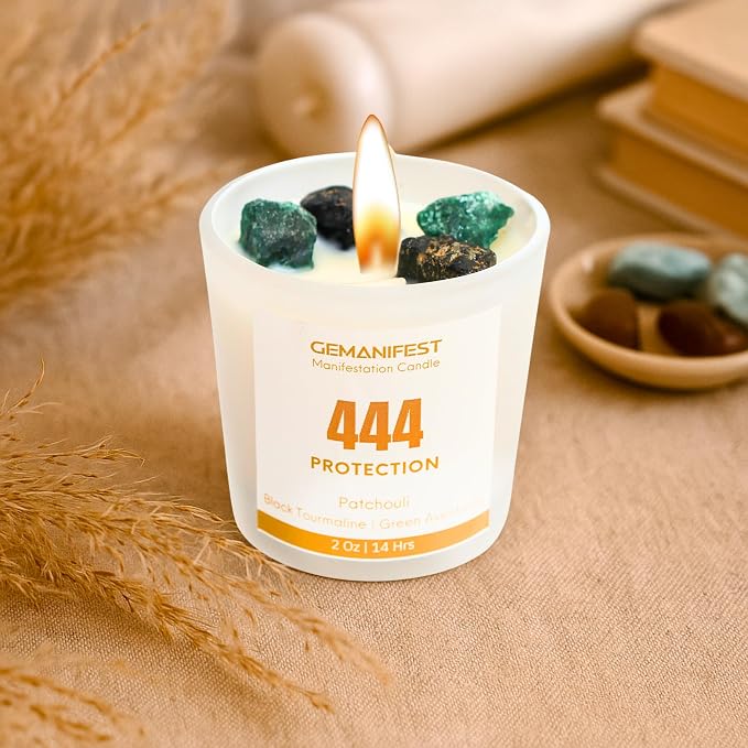 Angel Number 444 Manifestation Candle Crystal Infused Soy Wax with Black Tourmaline and Green Aventurine Patchouli Scented Spiritual Gift for Protection and Energy Alignment