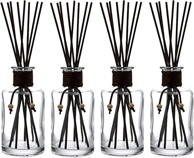 WHOLE HOUSEWARES Set of 4 Diffuser Bottles with Sticks - 7.5oz Empty Glass Diffuser Bottle for Essential Oils - Oil Diffusers Container with 32pcs Reed Sticks for Aromatherapy and Home Fragrance
