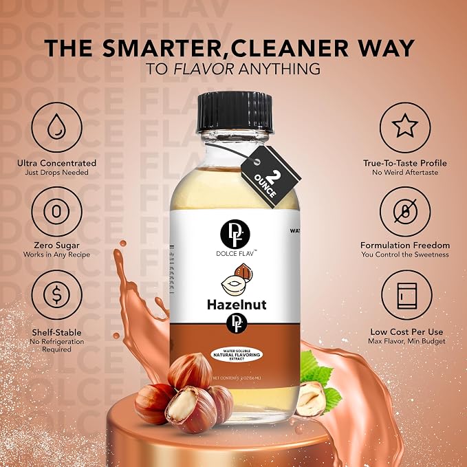 Dolce Flav Natural Hazelnut Extract – 1 Gallon Water-Soluble Kosher, Sugar-Free, Concentrated Toasted Hazelnut Flavoring for Coffee, Baking & Desserts