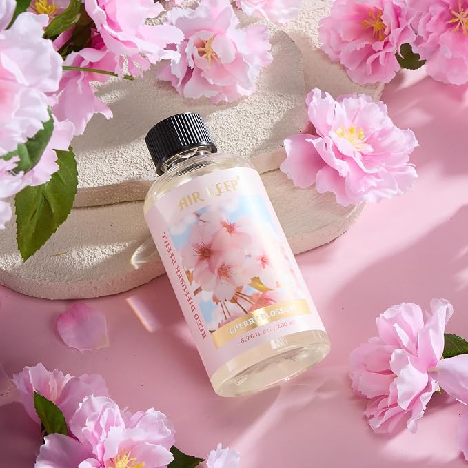 Airkeep Reed Diffuser Oil Refill with Diffuser Sticks, 6.76 Fl Oz(200ml) Cherry Blossom Scented Oils, Aroma Therapy, Home Fragrance & Air Freshener, Office Décor, Decoration