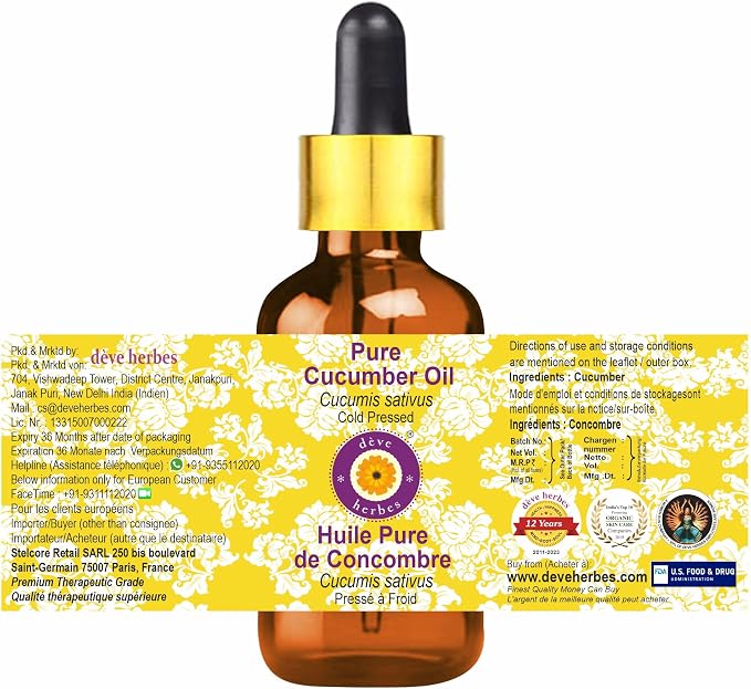 Deve Herbes Cucumber Oil (Cucumis sativus) with Glass Dropper | Cold Pressed | Pure | Natural | for Diluting Essential Oils | for Skin & Massage | Non-Sticky | Lightweight | Unisex | 15ml (0.50 oz)