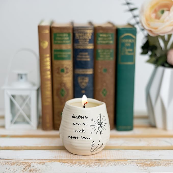 Pavilion Gift Company 77113 Plain Dandelion Wishes - Sisters are A Wish Come True Yellow Ceramic Soy Serenity Scented Candle,