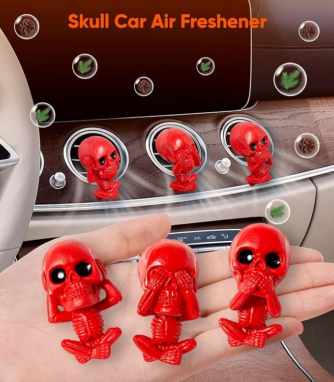 Skull Car Air Freshener Vent Clips, Goth Decor Interior, Gothic Halloween Cool Decoration Horror Skeleton Dashboard Accessories Spooky, Cute Funny Gifts for Men Women