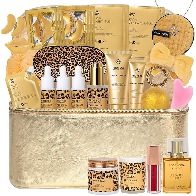 33 Pcs Mother's Day Gift, Honey & Almond Skin Care Gift Set, Spa Bath & Body Gift Basket Set for Women, Lip Gloss, Cosmetic Bag, Necklace, Christmas, Anniversary, Birthday, Valentines