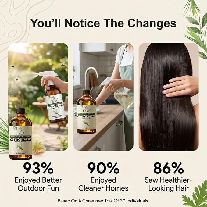 Citronella Essential Oil – 4 Fl Oz – 100% Pure and Natural Citronella Oil for Diffuser and Aromatherapy, Skin, Massage, Candle and Soap Making Fragrance - with Dropper