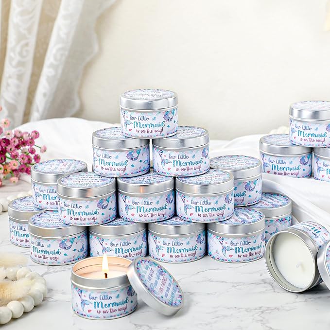 MTLEE 24 Pcs Mermaid Baby Shower Party Favors Candles Lavender Scented Baby Shower Favors for Guests Rustic Tealights Candles Gender Reveal Return Gifts (1.2 oz, Colorful)