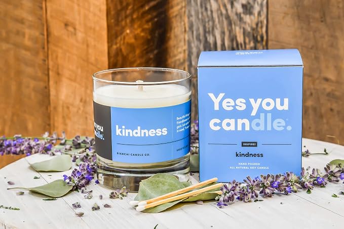 YES YOU CANDLE - Kindness, Inspirational 8oz Highly-Scented Soy Candle, Made in USA, Great Message, Pure Essential Oils, Aromatherapy, 100% Pure, Bergamot & Eucalyptus