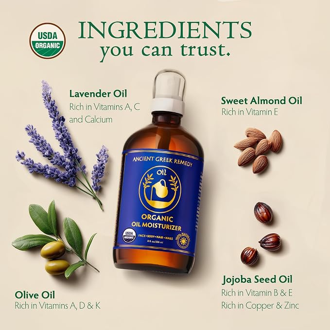 Ancient Greek Remedy Body Oil 8 oz - Organic After Shower Face Oil & Body Moisturizer for Dry Skin - Almond, Jojoba, Olive, Lavender, Vitamin E Oils - Natural Clean Facial Skincare for Women & Men