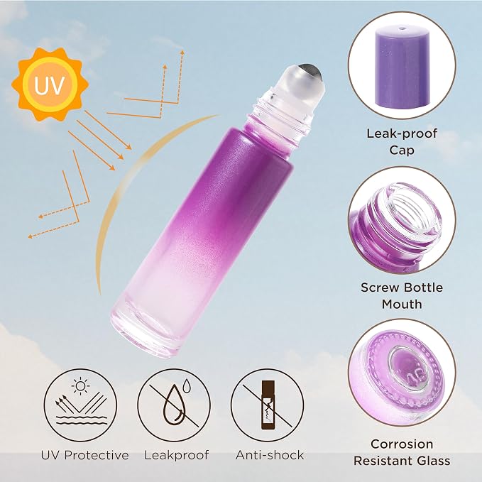 SESENSE Essential Oil Roller Bottles, 10ml Thick Glass Perfume Roller Bottles with Funnel Opener and Dropper Colored Glass Empty Bottles with Stainless Steel Roller Balls (Purple, 4 Pack)