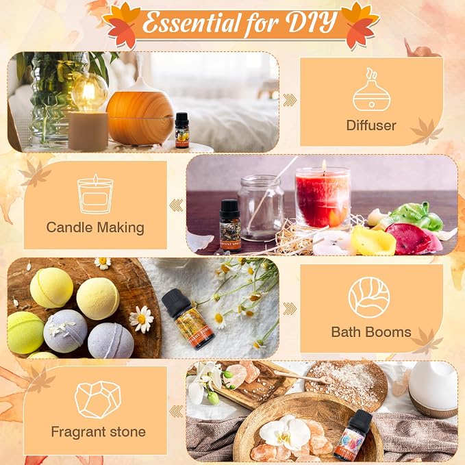 Autumn Essential Oils for Diffuser for Home, Aromatherapy Oils Diffusers Scents for Humidifier, Soap & Candle Making, Pumpkin Spice, Harvest Spices and Vanilla Fragrance Oils Set for Gifts(6×10ml)