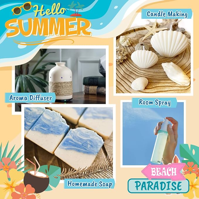 ARVIDSSON Beach Fragrance Oils Set, Summer Essential Oils for Diffuser - Beachy Breeze, Ocean Air, Pina Colada, Pink Sand, Sea Salt, Island Time, Tropical Scented Oil for Home, Candle Making