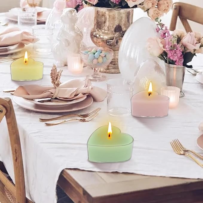 Scented Heart Tealight Candles, Pastel Candy Color Scent Tea Lights Candles Clear Cup, 24 Pack Colored Tealights Candle, 4 Hour Burn Time Candles for Weddings Romantic Decor