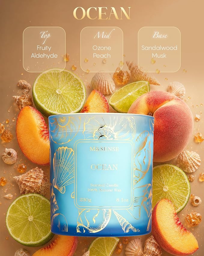 M&SENSE Natural Soy Wax Ocean Scented Candles, 8.1oz Non Toxic Soy Candle 42-Hour Slow Burning, Summer Fresh Smelling Candle for Bathroom Decor, Stress Relief Aromatherapy Candle Gifts