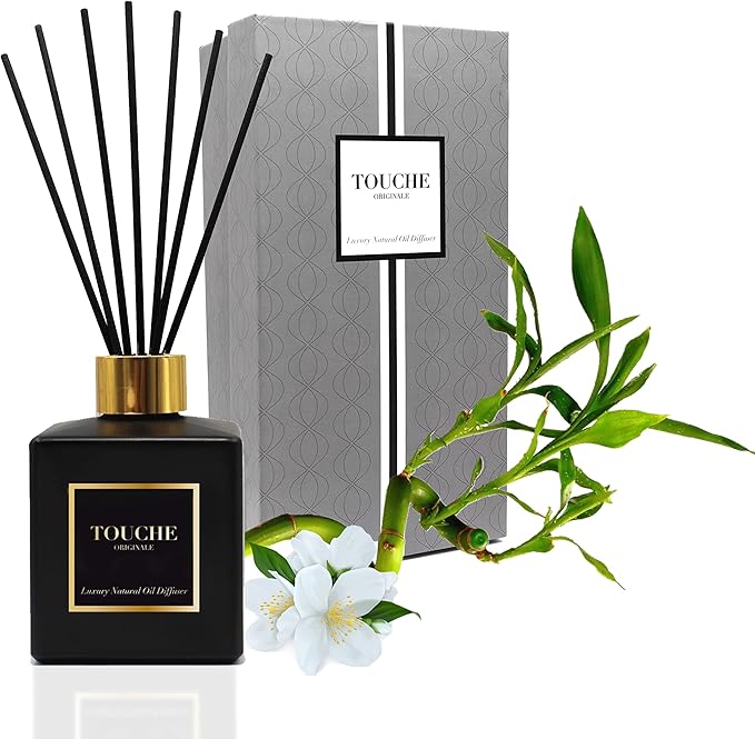 Touche Luxury Natural Reed Diffuser. Long Lasting Scented Home Fragrance. Natural Essential Oil Alcohol-Free. 4.75 OZ. Glass Bottle (Bamboo & Jasmine - Black Bottle)
