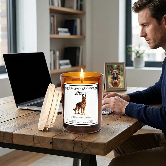 German Shepherd Gifts for Women | Birthday Gifts for Mom | Light When Dog Farts Candle | Cedar By Natural Soy Wax | Pet Safe Friendly Memorial Candles for Home Scented Household Essentials