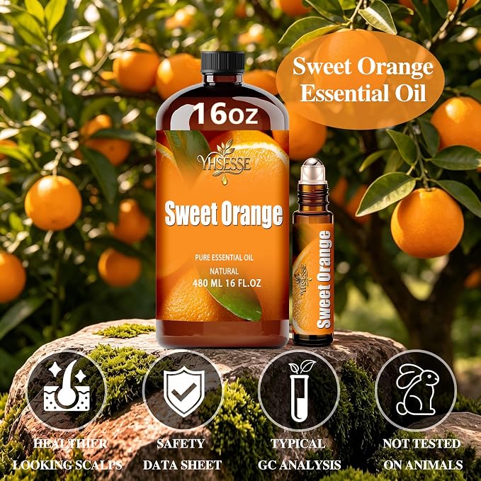 Sweet Orange Essential Oil, Sweet Orange Oil 16 Fl Oz 480ml for Diffuser Yoga Soap & Candle Making – with 0.33 Oz Roller Ball & Funnel YHSESSE Essential Oils