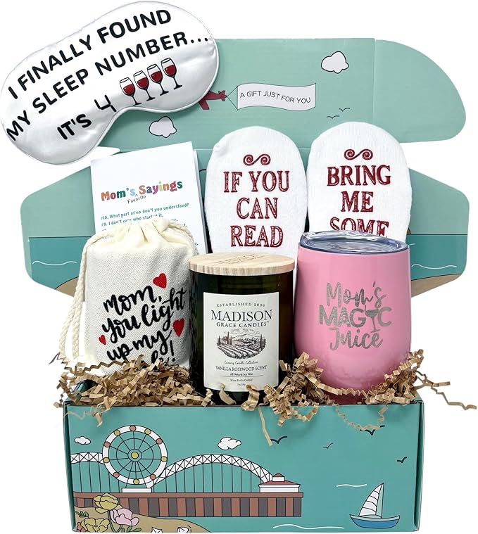 SILLY OBSESSIONS Wine Lover Gift Box for Mom – Funny Birthday Gift Basket for Mother, Wife, or Women – Includes Wine Tumbler, Aromatherapy Candle, Cozy Socks, Sleep Mask & Greeting Card