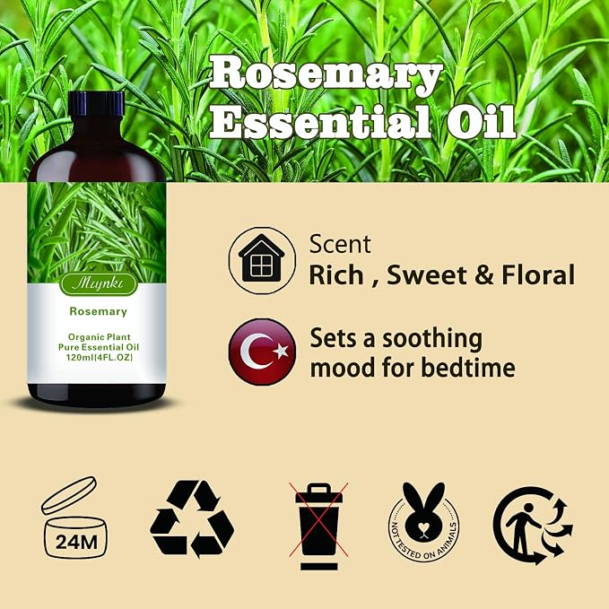 Rosemary Essential Oil, Rosemary Oil for Hair Care, Diffuser, Humidifier, Massage, DIY Soap, Candle, Cleaning, Focus, Gift Ready,Rosemary Fragrance Oil - MLYNKL Essential Oils (4.33 fl oz / 130ml)