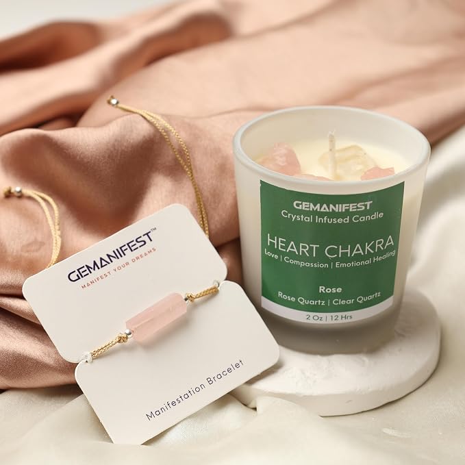Heart Chakra Candle with Healing Crystals and Rose Quartz Bracelet Rose Scented Crystal Candle for Love Compassion and Emotional Healing Self Care Gifts for Women Meditation Gifts